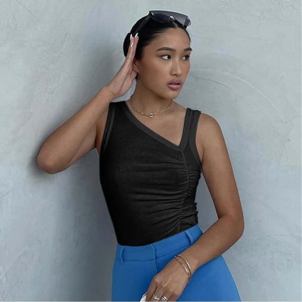 Commense Oblique V-Neck Side Ruched Tank Top In Black Size L NWT